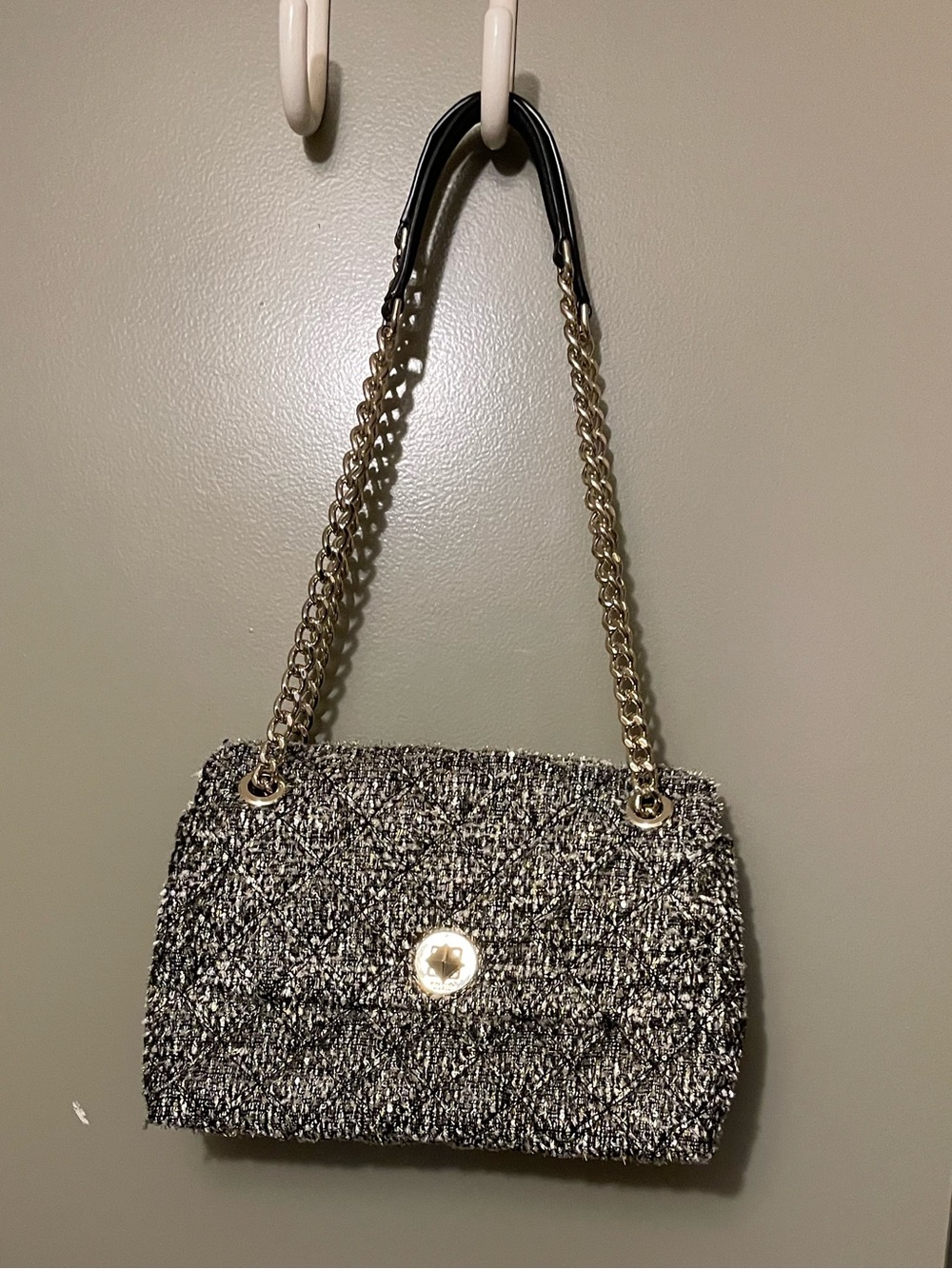 kate spade Black & White Tweed Chain-Shoulder Bag with Gold Hardware